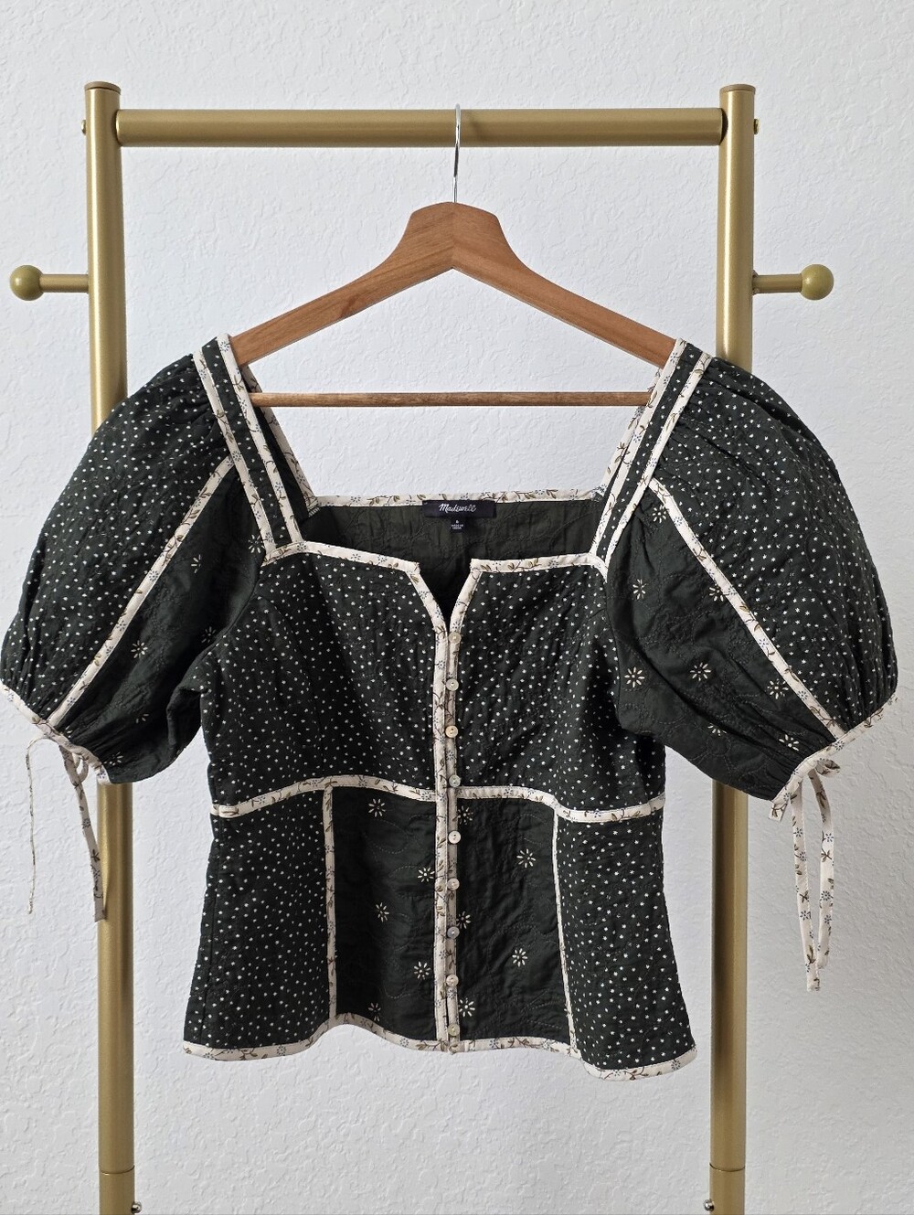 Madewell Patchwork Puff-Sleeve Top, Size 6, Color Dark Forest, Quilted Blouse